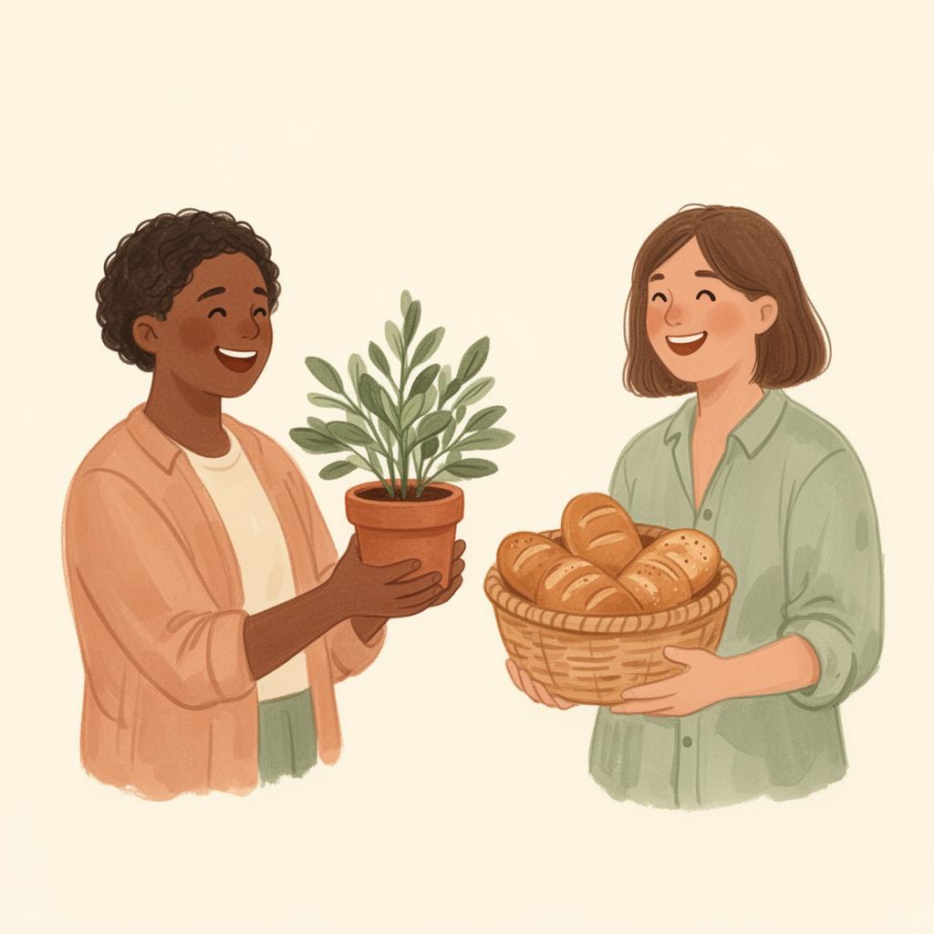 Two neighbors trading a potted plant for a basket of fresh bread